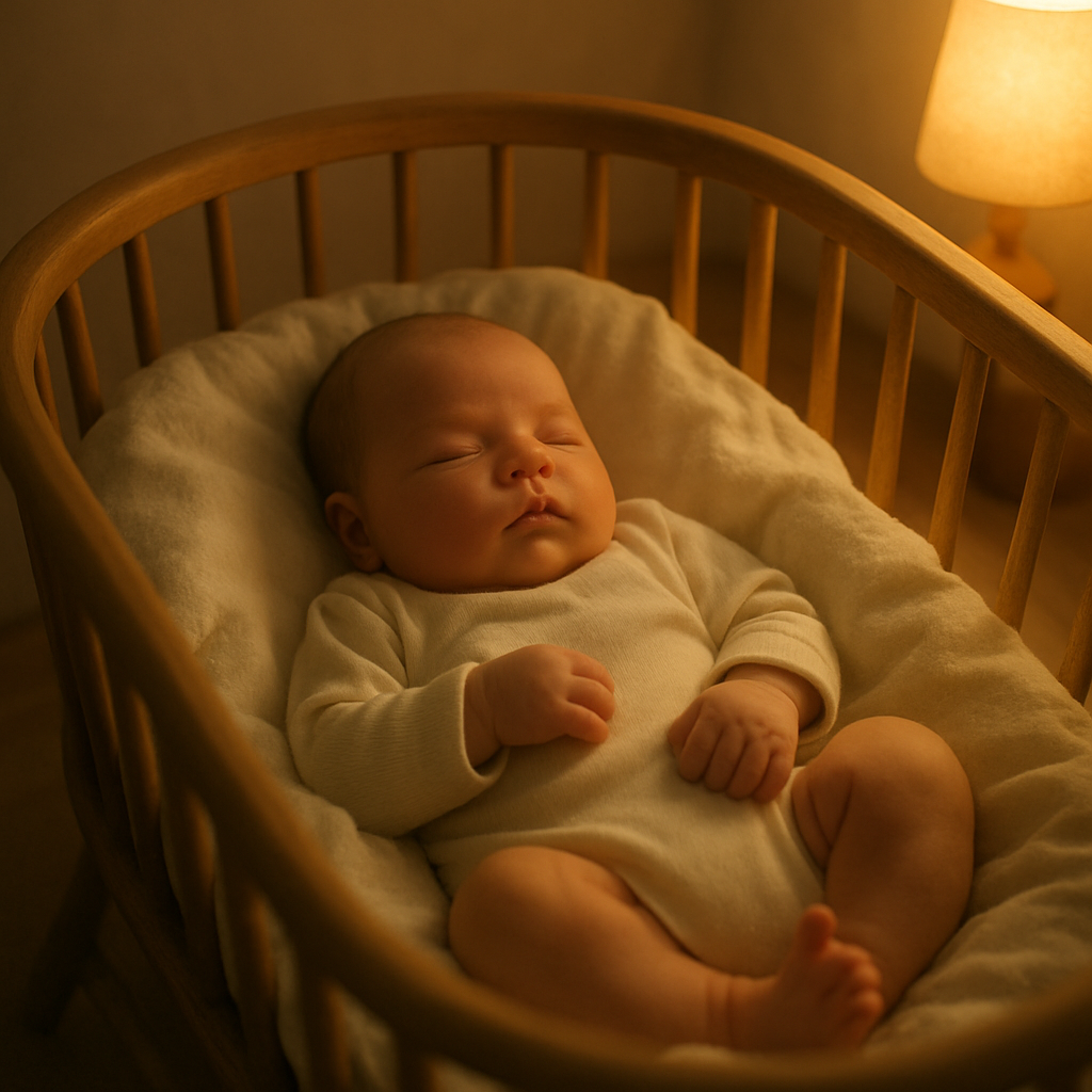 Ein neugeborenes Baby in einer Wiege, umgeben von beruhigendem Licht