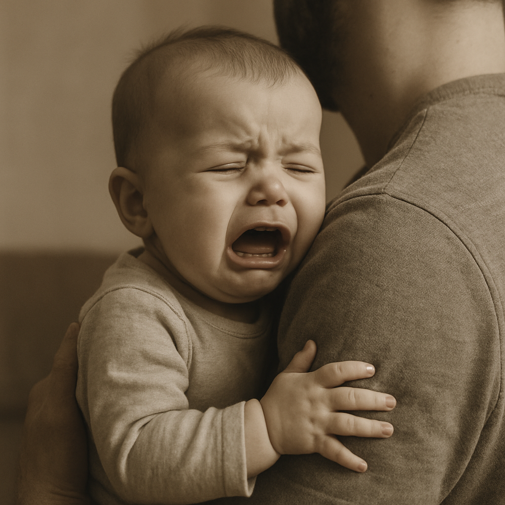 Ein weinendes Baby in den Armen eines Elternteils