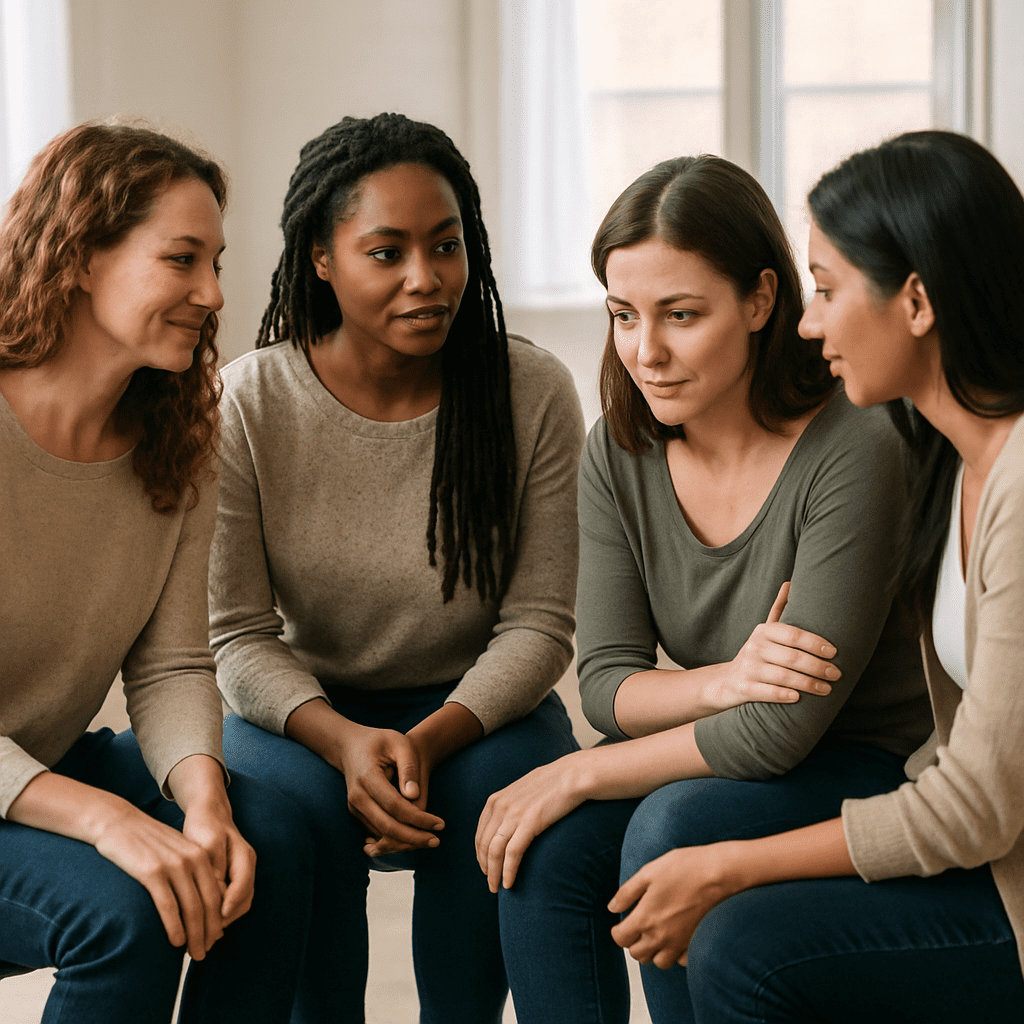 Frauengruppe sitzt in einem Kreis und tauscht sich empathisch aus