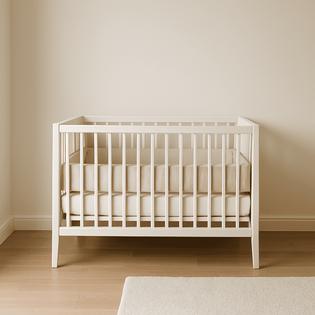A minimalist, safe baby sleeping area with a simple crib and a clear floor space.