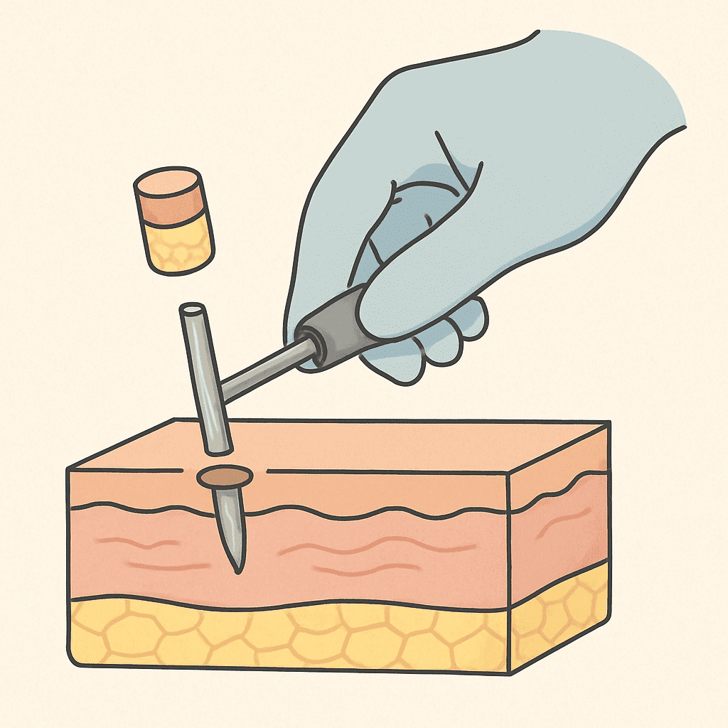 Eine einfache Illustration, die zeigt, wie eine winzige Gewebeprobe (Biopsie) aus der Haut entnommen wird, ohne Blut oder chirurgische Details.