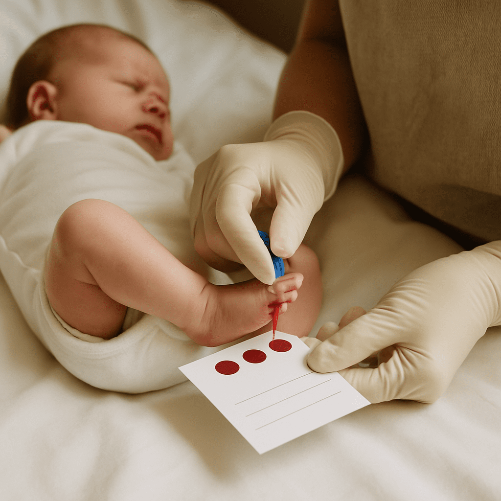 Hebamme entnimmt einige Tropfen Blut aus der Ferse des Babys auf eine Filterpapierkarte