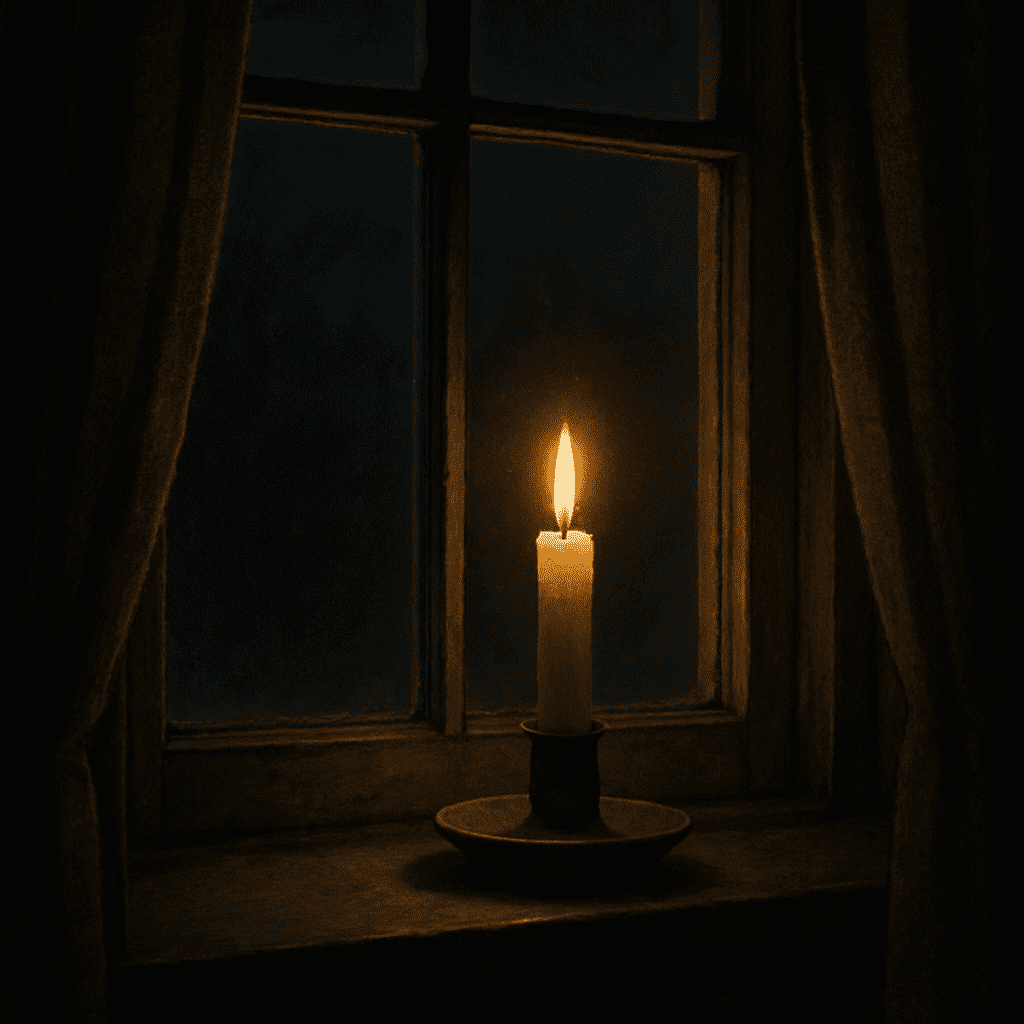 A candle standing in a window, casting a soft light outwards, symbolizing hope and memory.