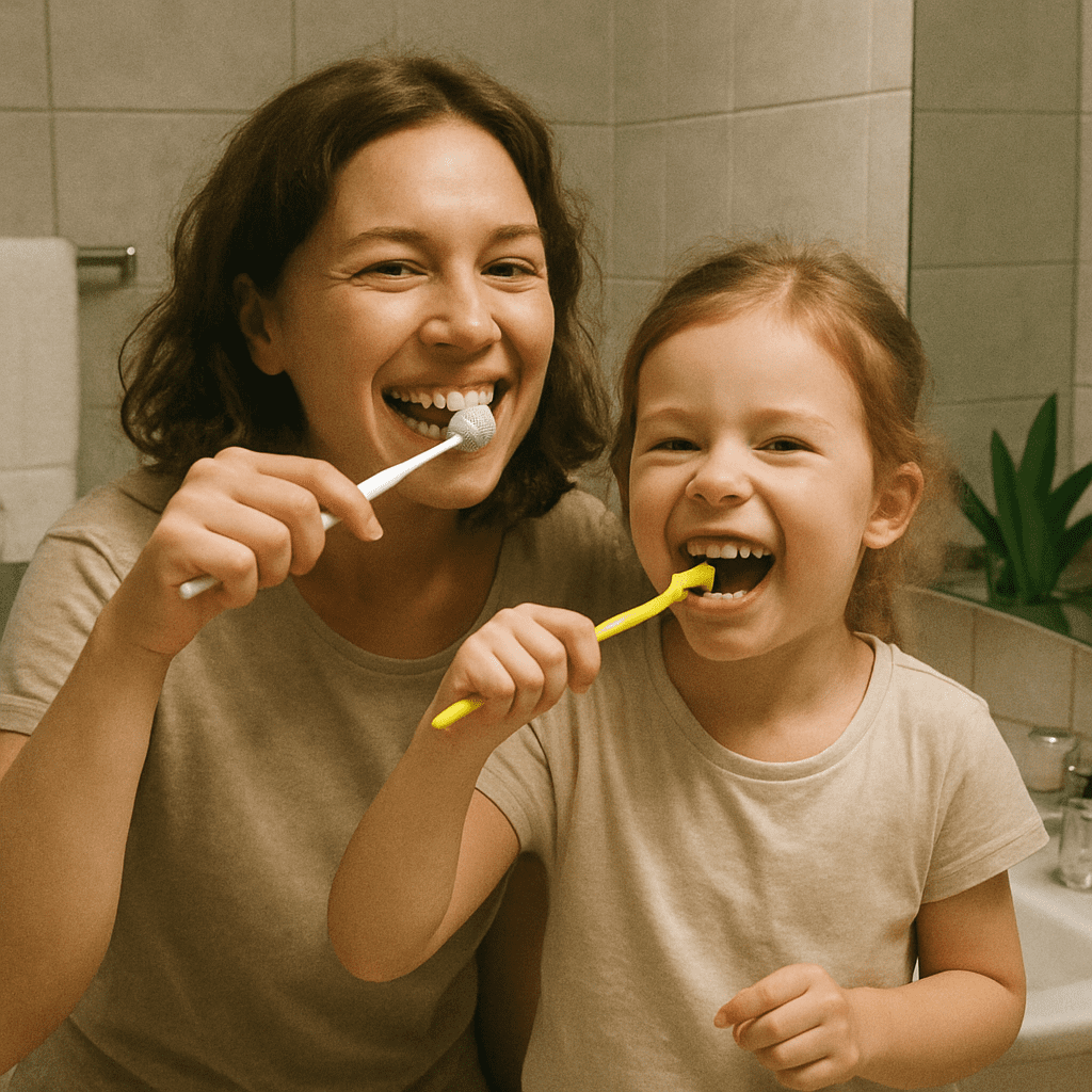 Mutter und Kind putzen sich gemeinsam lachend die Zähne vor dem Badezimmerspiegel
