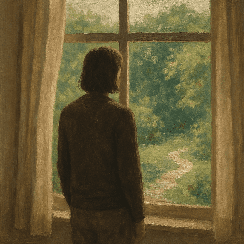 A person standing by a window looking out into a garden, representing a moment of quiet reflection.