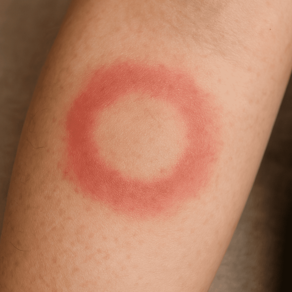 A close-up photo of a human arm showing a classic bullseye rash (Erythema migrans) with a clear, pale center and a red outer ring.