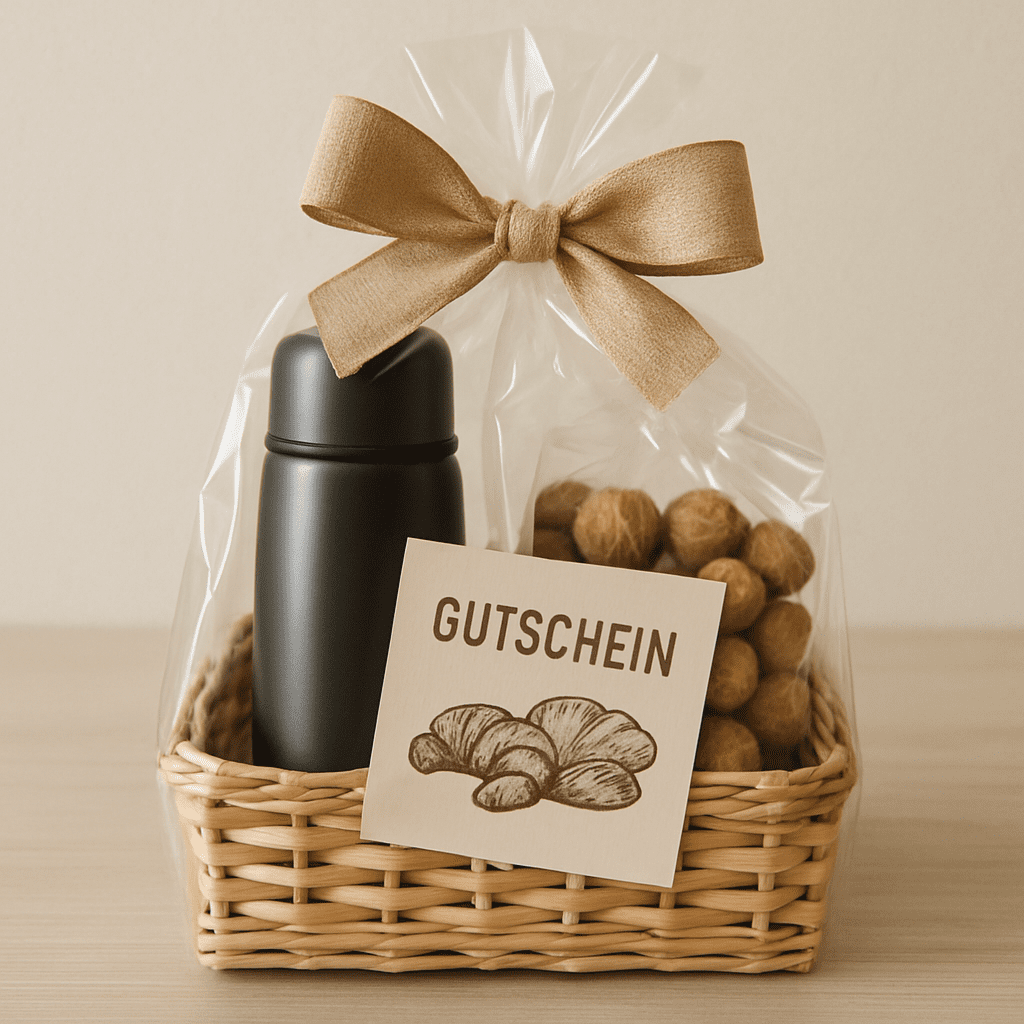 Hübsch verpackter Korb mit Thermoskanne, Nüssen und Bäckerei-Gutschein.