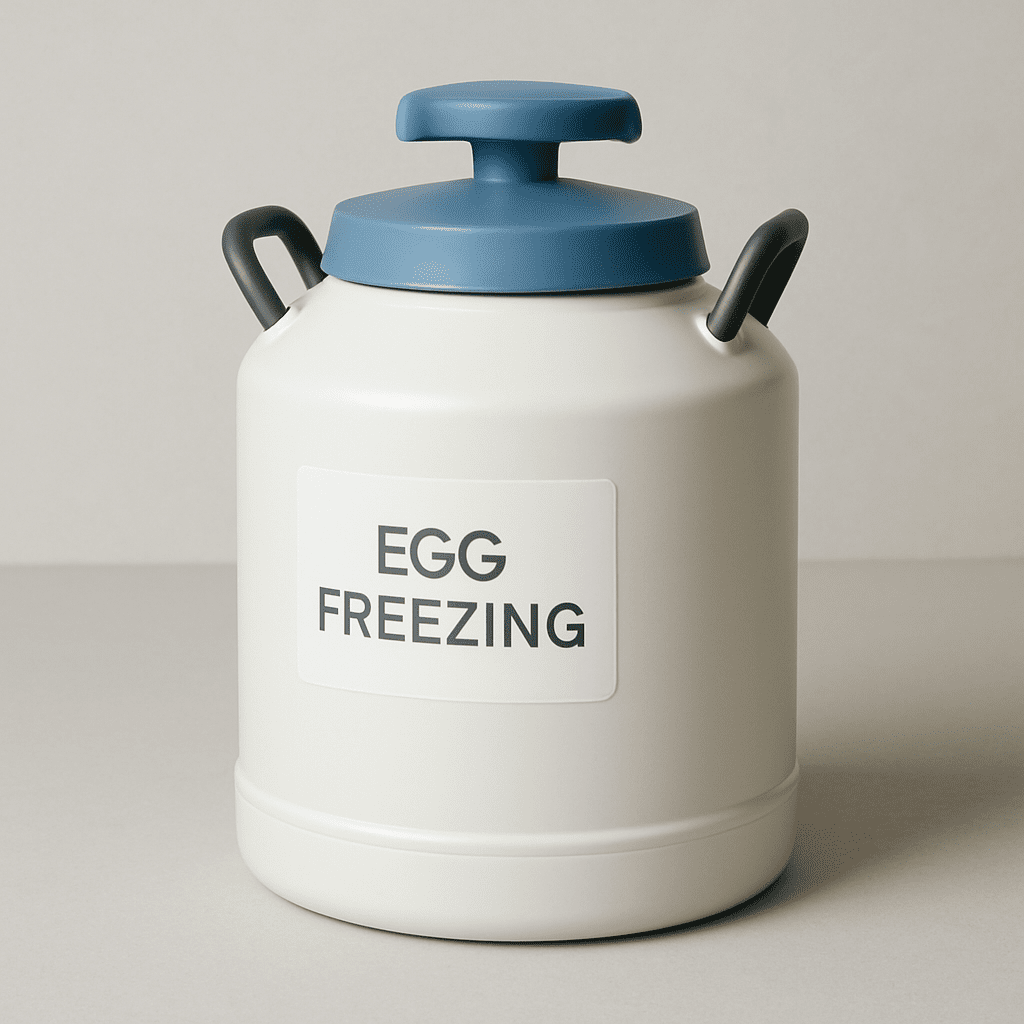 A clean, medical-grade container for egg freezing, appearing modern and professional, not clinical or scary.