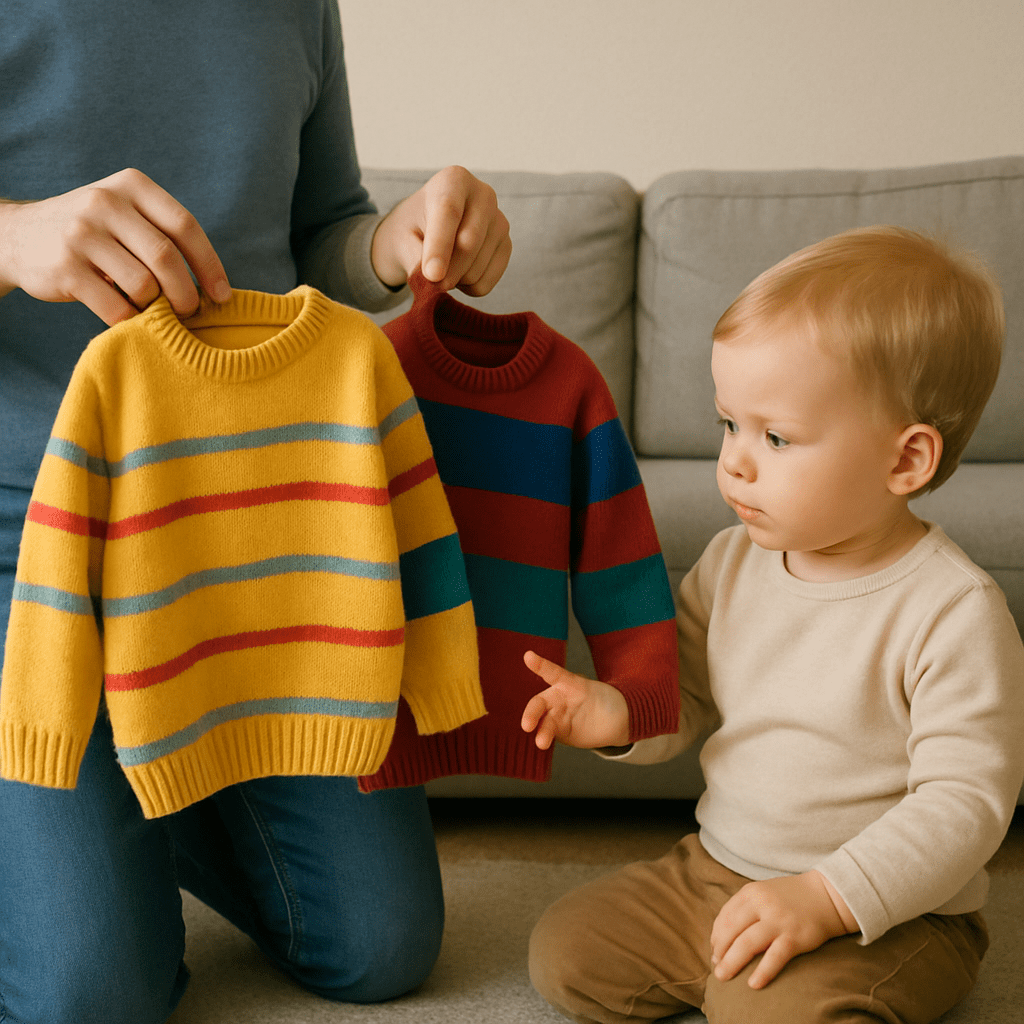 Elternteil bietet dem Kleinkind zwei verschiedene bunte Pullover zur Auswahl an