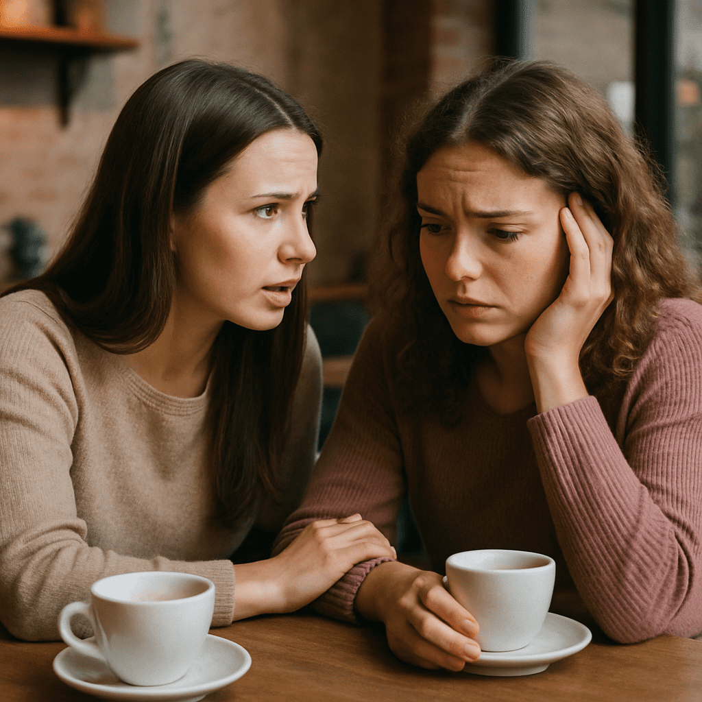 Zwei Freundinnen in einem Café im intensiven, unterstützenden Gespräch