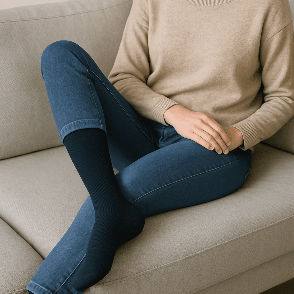 A person wearing stylish compression socks while sitting in a comfortable position, highlighting they can look like regular clothing.