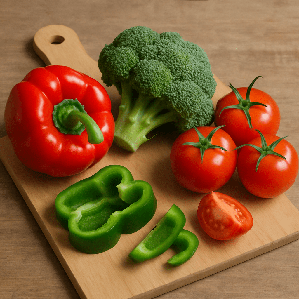 Frische Zutaten wie Paprika, Brokkoli und Tomaten auf einem Schneidebrett