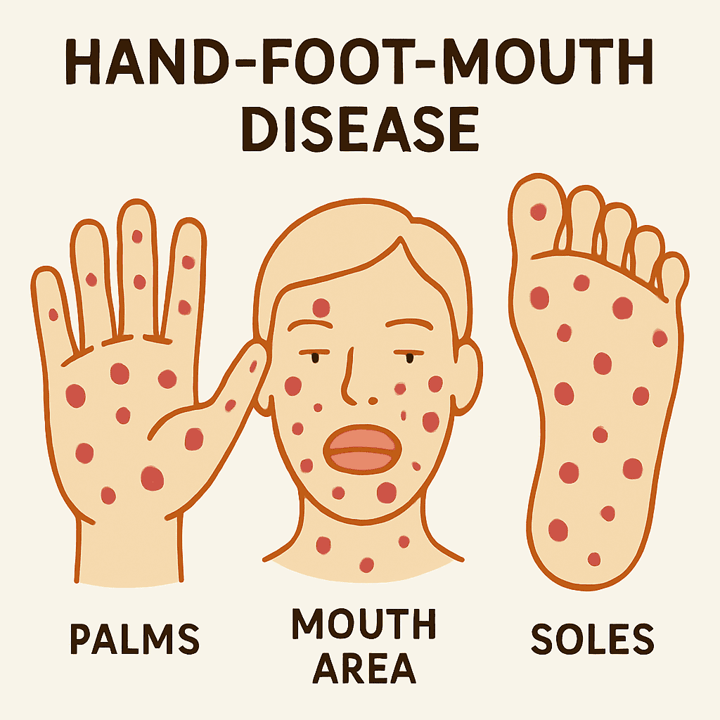 Illustration of the distribution of spots in Hand-Foot-Mouth disease (palms, soles, and mouth area) using simple colored outlines.