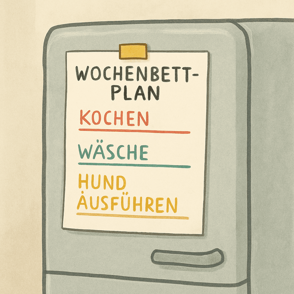 Ein pragmatisches Wochenbett-Setup: Nachttisch mit Wasserflasche, Snack, Ladekabel, Wärmekissen und Notizblock; alles griffbereit, um Wege zu vermeiden.
