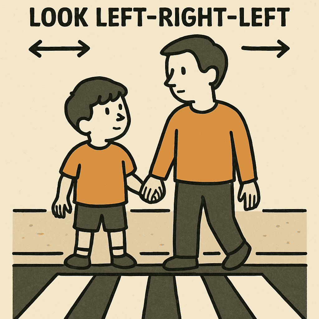 A simple graphic showing a child and parent looking left-right-left before a crosswalk.