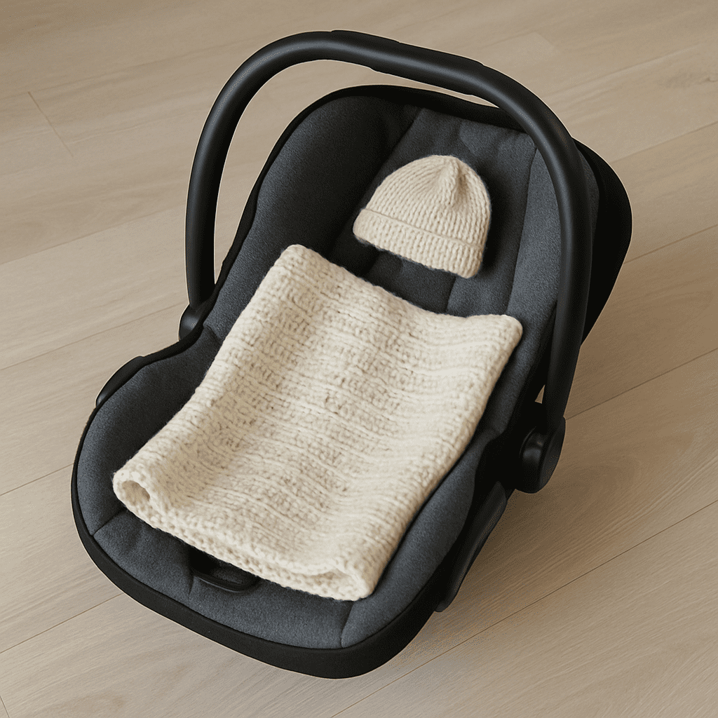 A baby car seat (Babyschale) with a small knitted blanket and a tiny baby hat placed inside.
