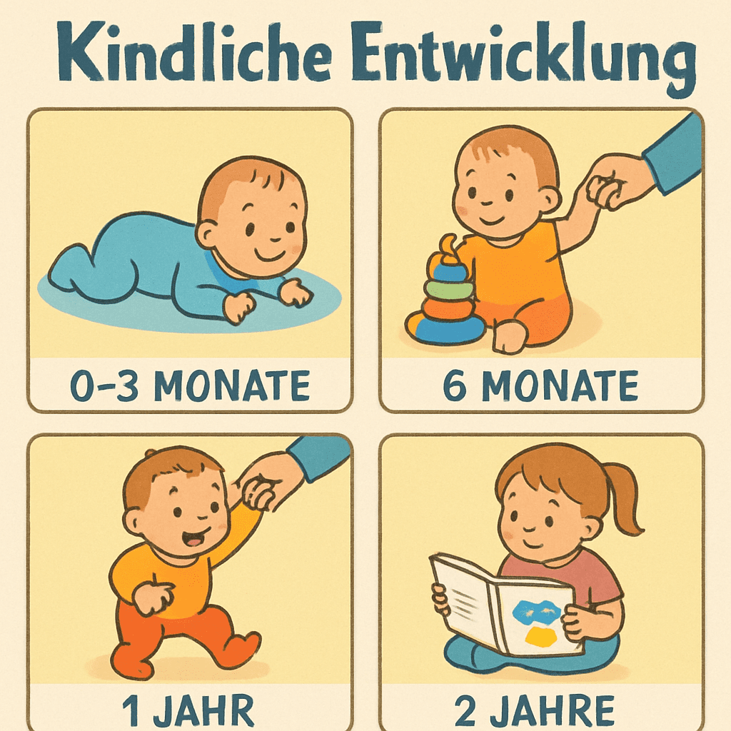 Eine Übersichtstafel, die kindliche Entwicklungsschritte in verschiedenen Altersstufen illustriert