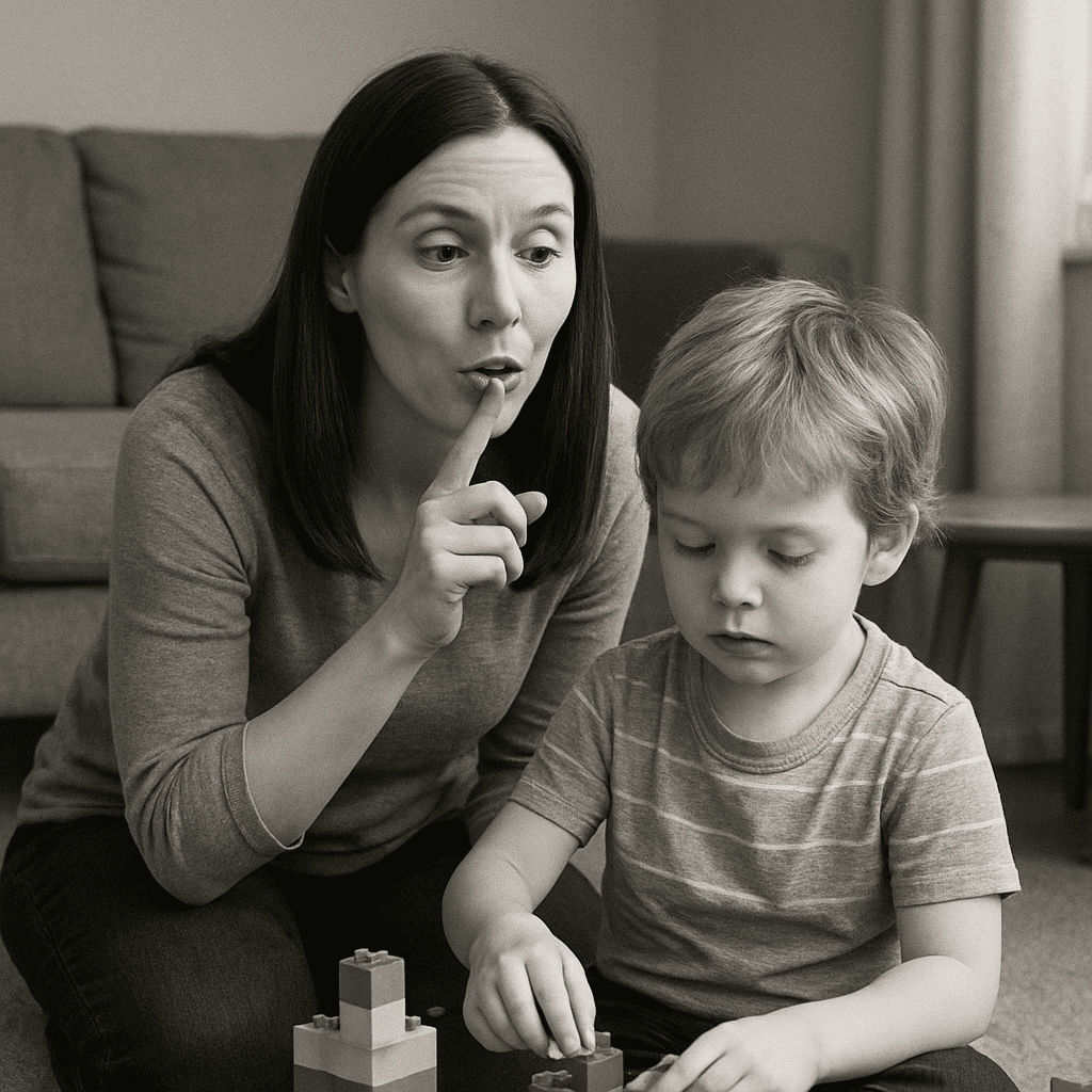 Mutter macht hinter ihrem spielenden Kind leise Geräusche, um sein Gehör zu testen
