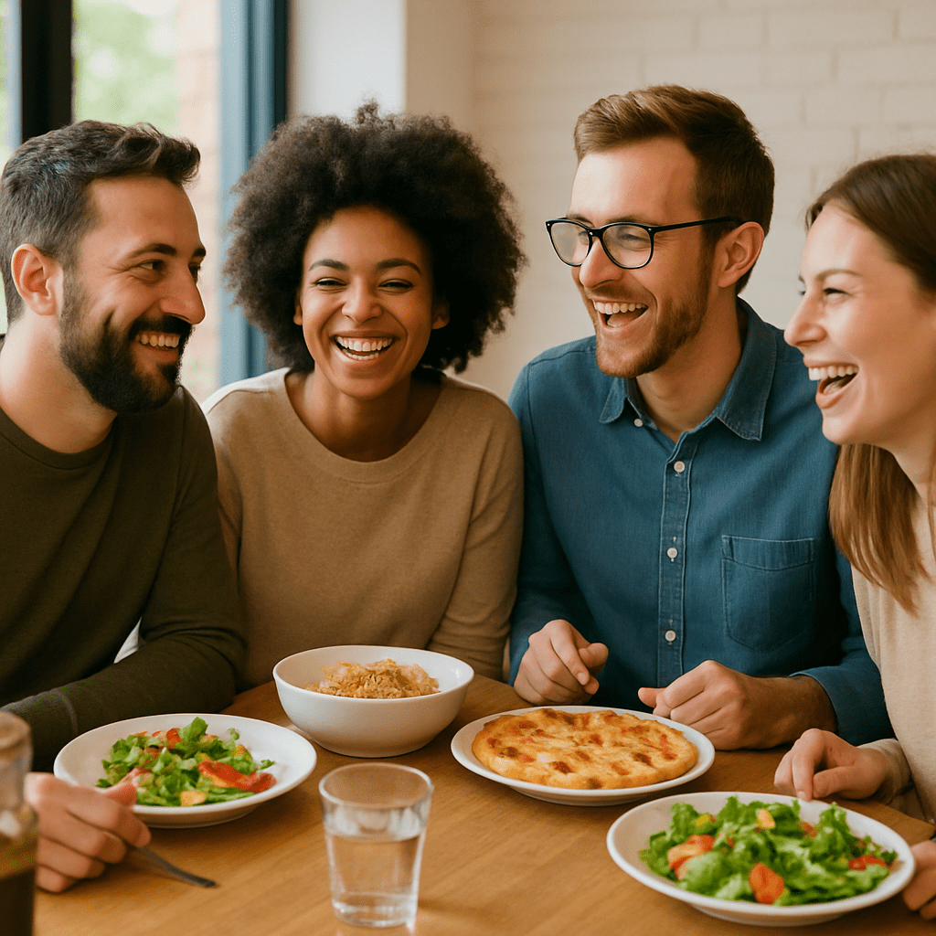 Freunde sitzen zusammen beim Essen und lachen entspannt miteinander
