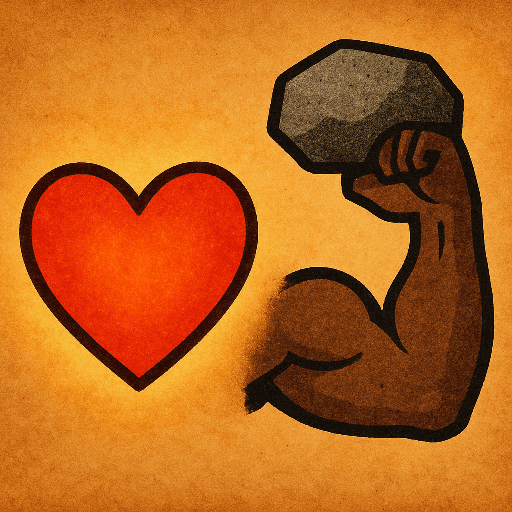 A warm, glowing heart (symbol for self-worth) next to a strong arm lifting a stone (symbol for self-confidence).