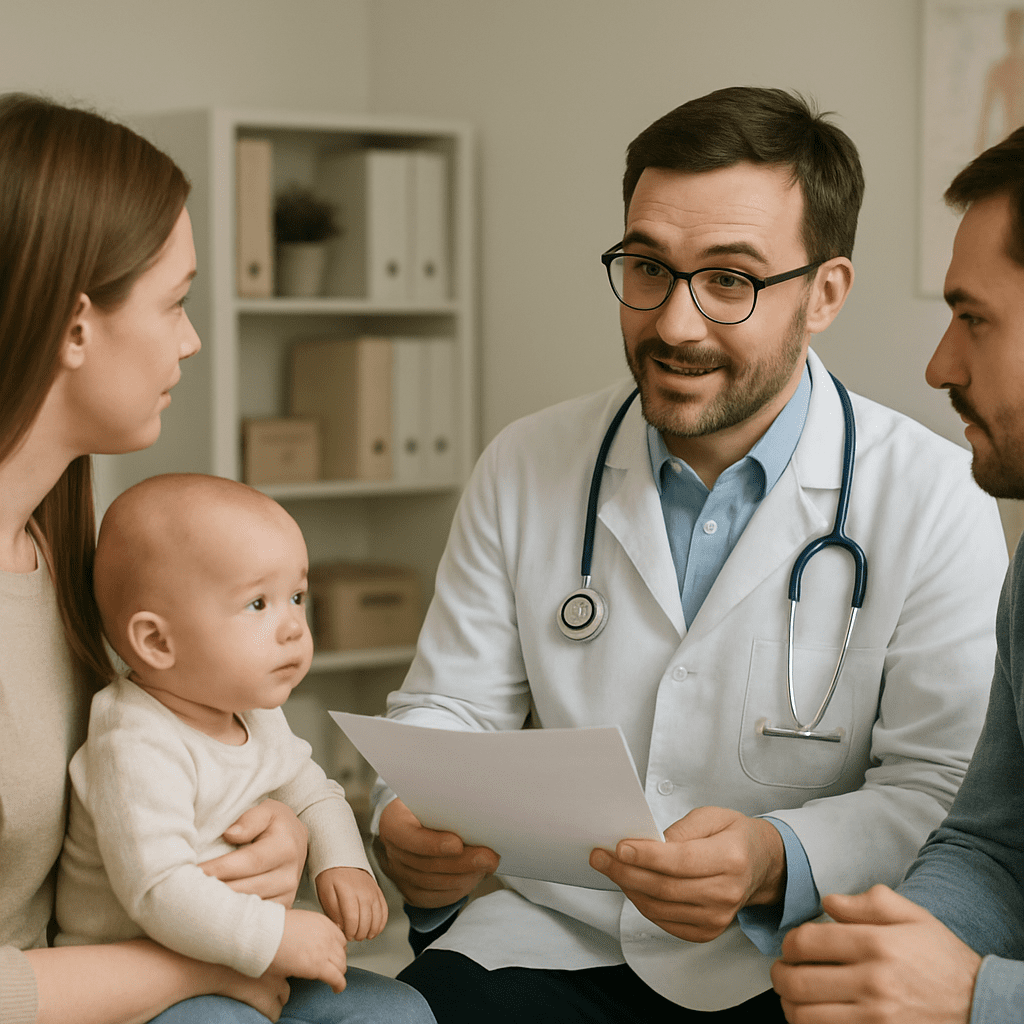 Ein Kinderarzt im Gespräch mit Eltern und ihrem Baby, um Testergebnisse zu besprechen