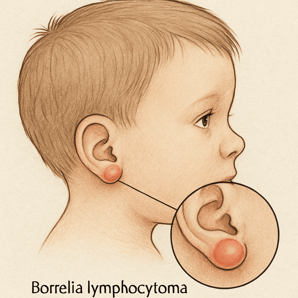 An illustration of a child's head with a highlight on the earlobe showing a red, painless swelling (Borrelia lymphocytoma).
