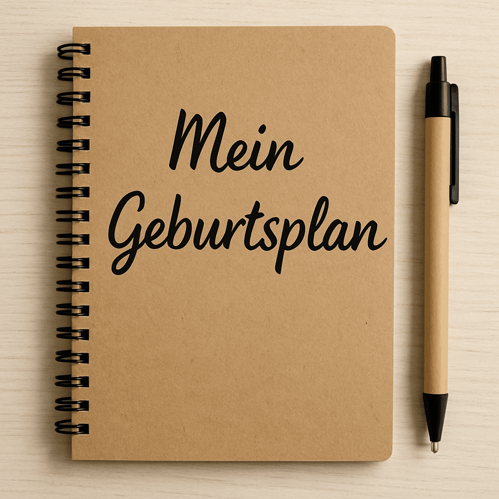 Notizbuch mit Stift und der Aufschrift 'Mein Geburtsplan'.
