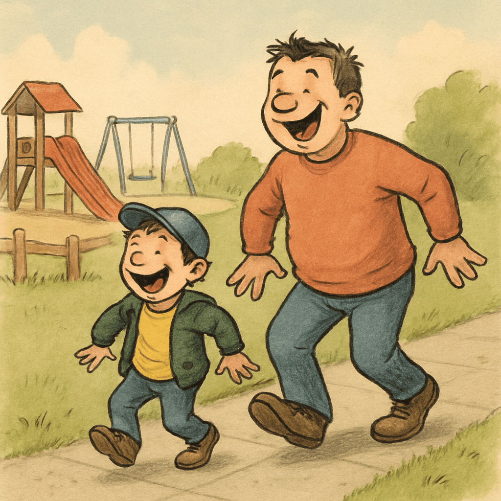 Vater und Sohn watscheln lachend wie Pinguine über einen Gehweg vom Spielplatz weg