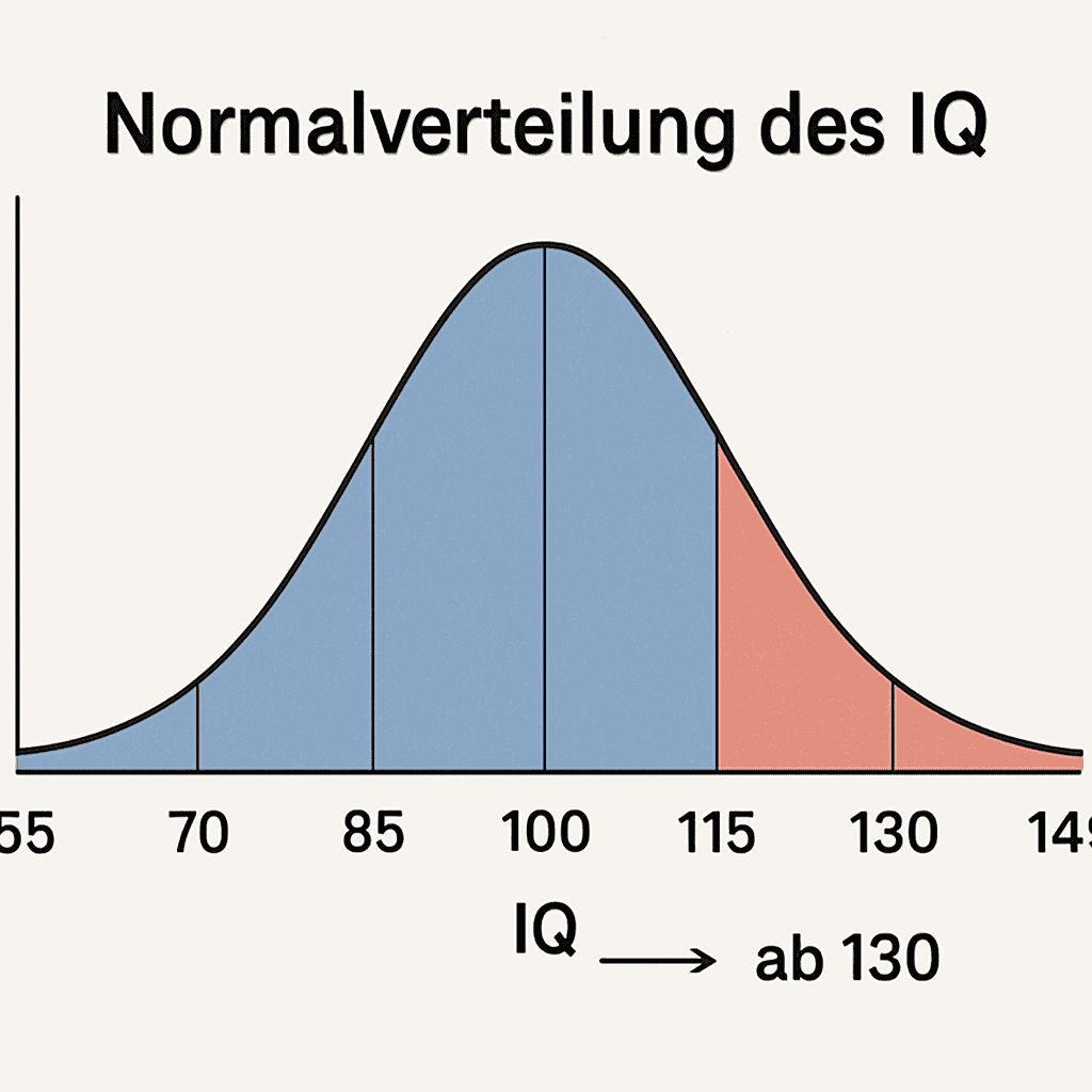 Grafik der Gaußschen Normalverteilung des IQs mit farblicher Markierung ab einem Wert von 130