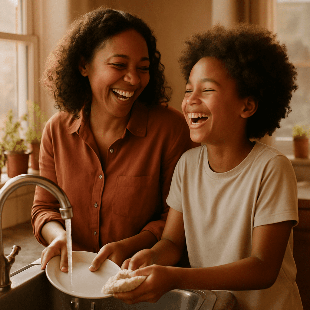 A warm, high-quality photograph of a parent and pre-teen child laughing together while doing a simple activity like washing dishes or walking outside.