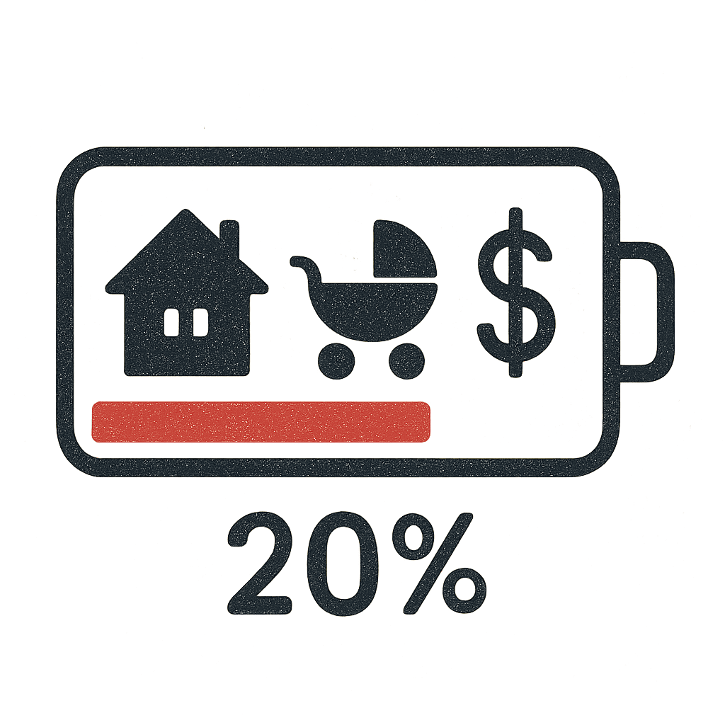 A conceptual illustration of a battery icon at 20% charge, with small icons of a house, a baby carriage, and a dollar sign inside the battery.