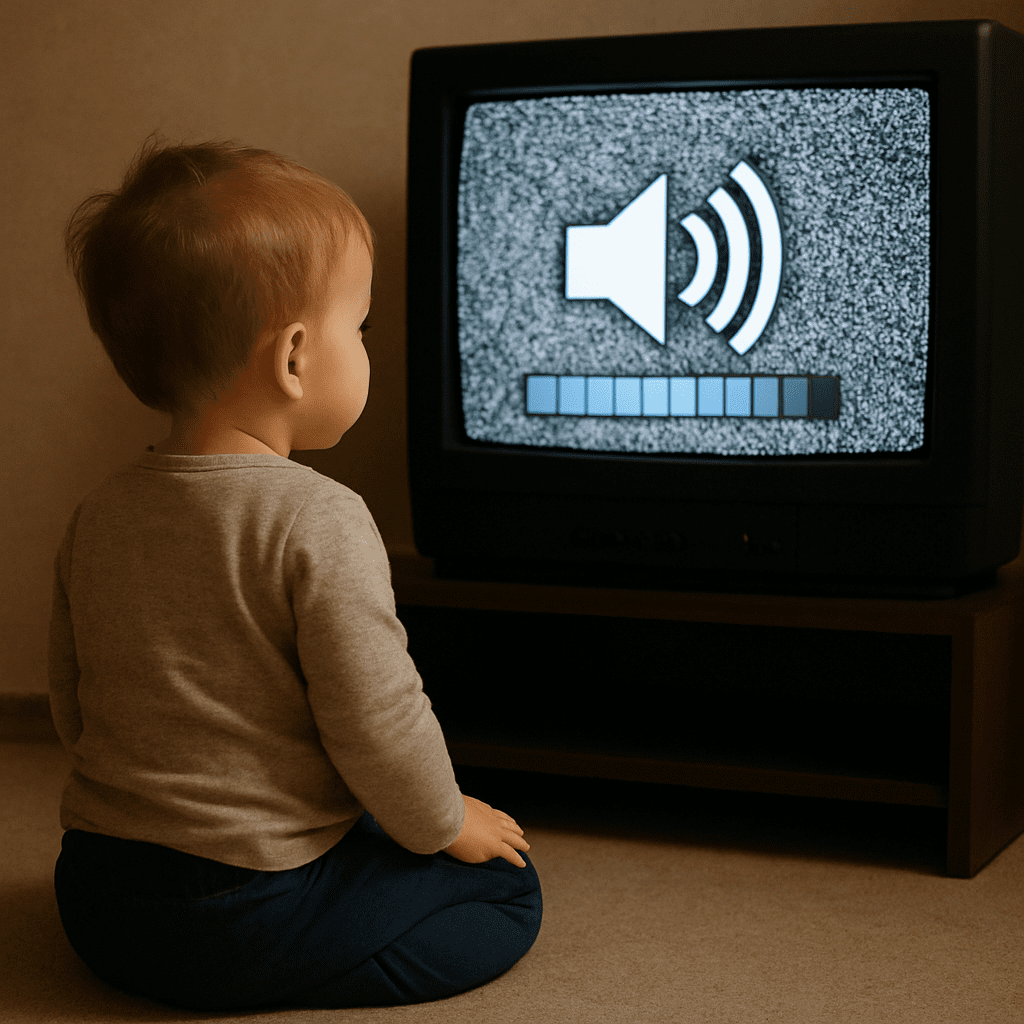 Kleinkind sitzt fokussiert vor einem Fernseher, der sehr laut eingestellt ist