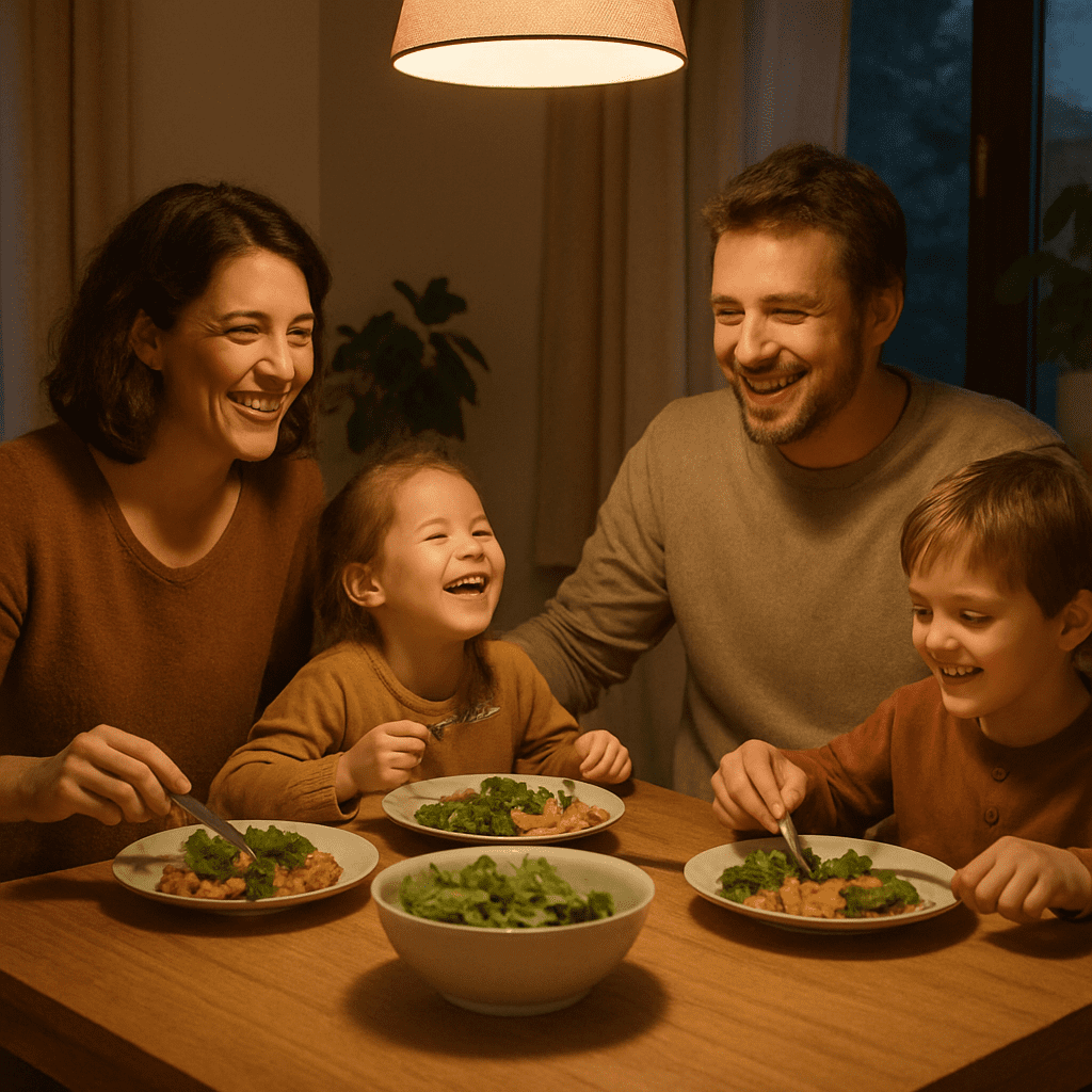 Glückliche Familie beim gemeinsamen, entspannten Abendessen am Esstisch