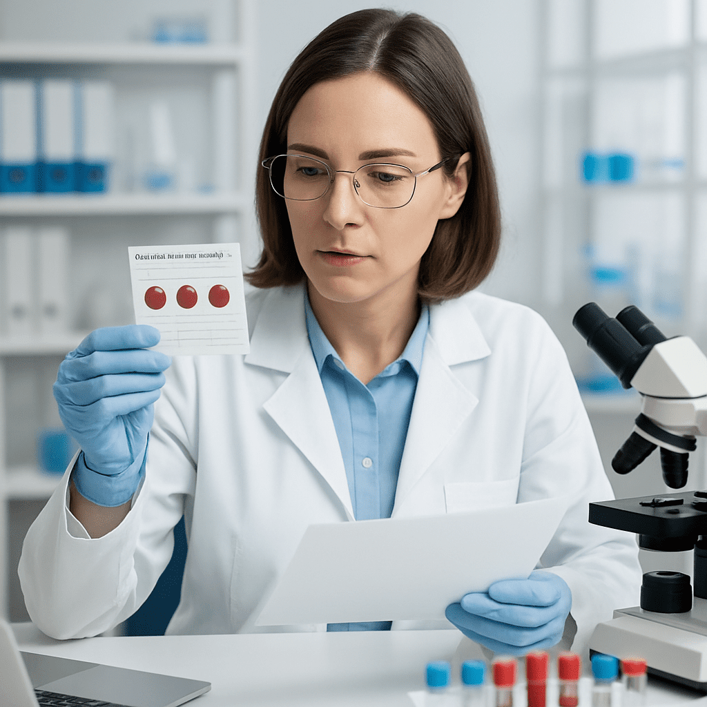 Arztin in einem modernen Labor wertet die Filterpapierkarten des Neugeborenen-Screenings aus