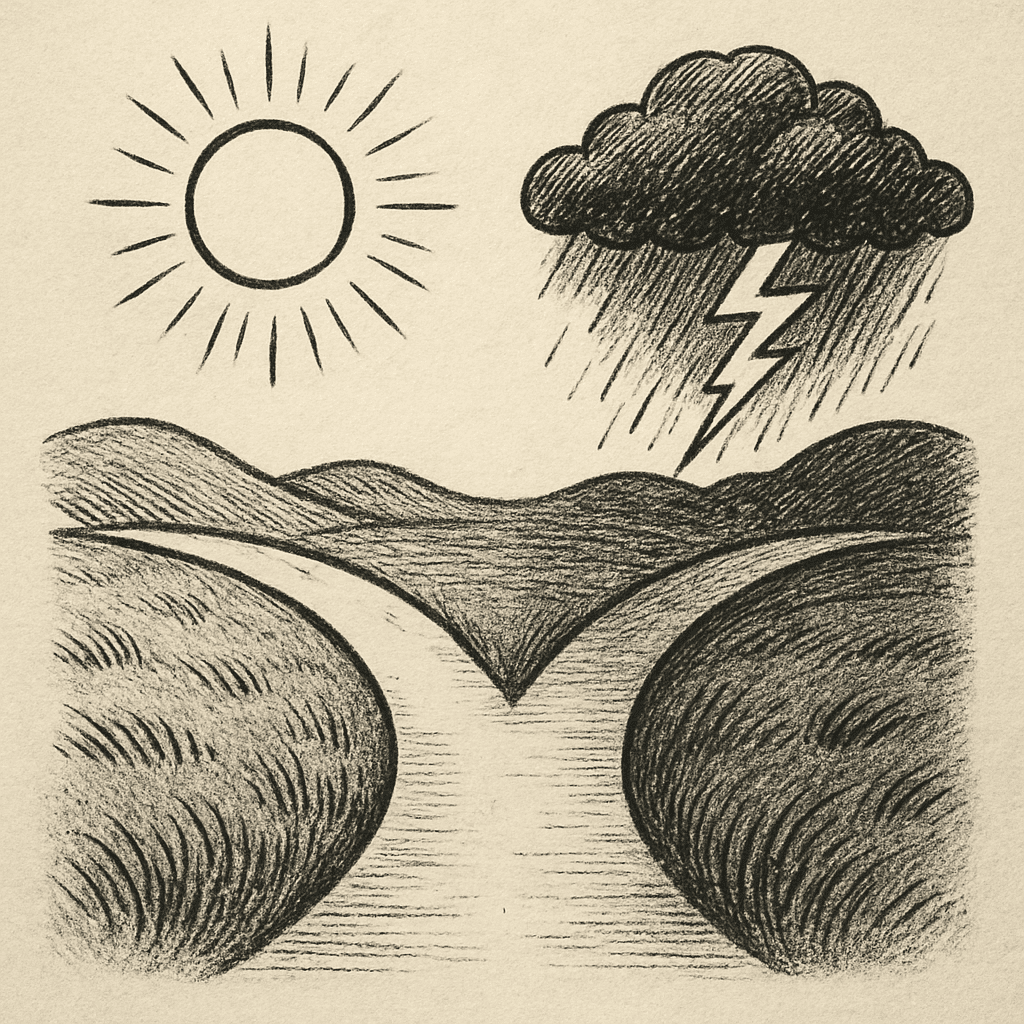Eine symbolische Darstellung von zwei unterschiedlichen Wegen, die zum selben Ziel führen (Sonne vs. Sturm).