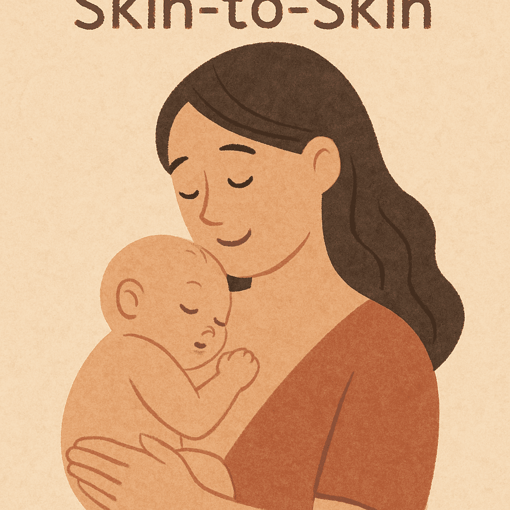 A simple, empathetic illustration of 'Skin-to-Skin' contact (Bonding) between mother and baby.