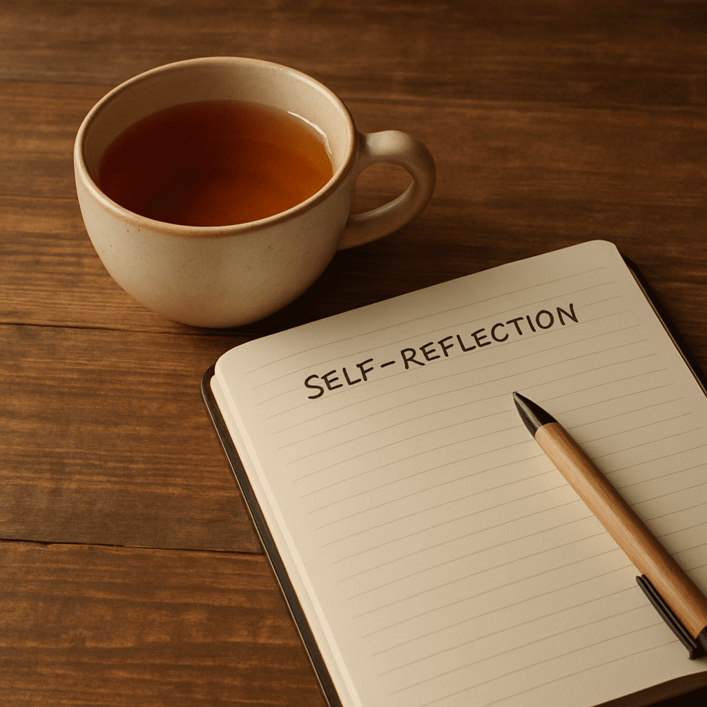 A warm cup of tea on a wooden table next to an open notebook, representing self-reflection and therapeutic writing.