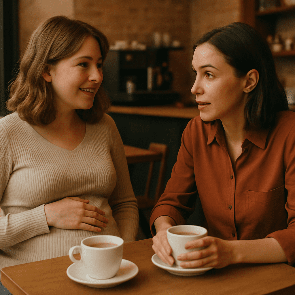 Zwei Frauen im Café, von denen eine schwanger ist und der anderen aufmerksam zuhört