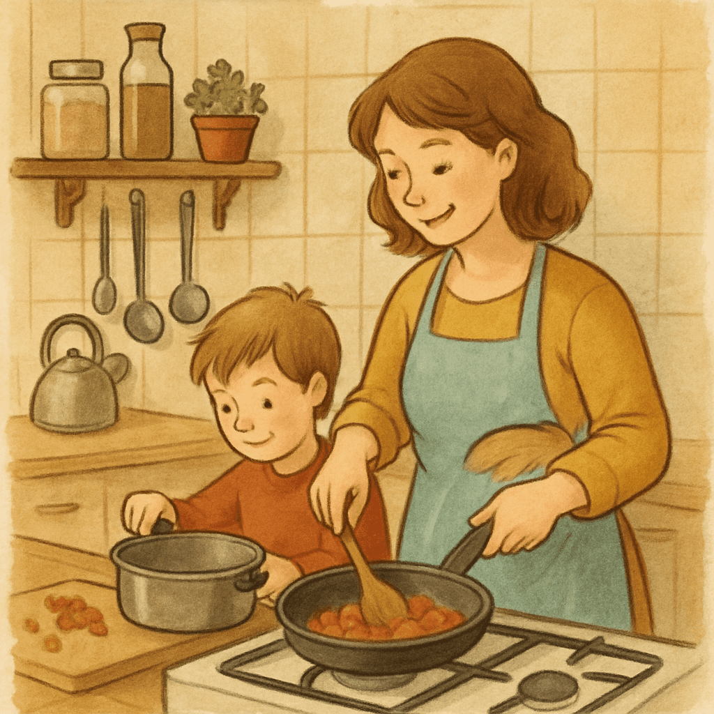 Mutter und Kind kochen gemeinsam ein schnelles warmes Mittagessen