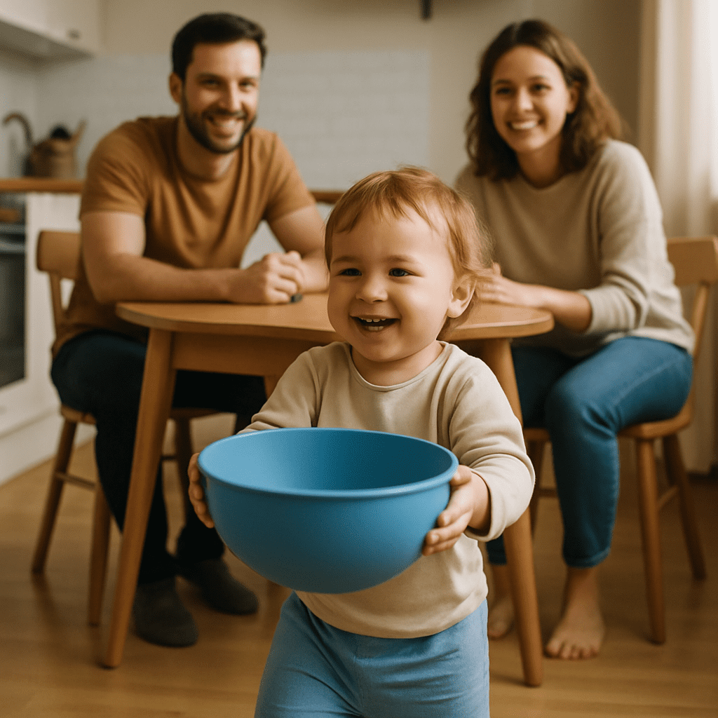 A toddler proudly carrying a plastic bowl to the table while their parents watch and smile.