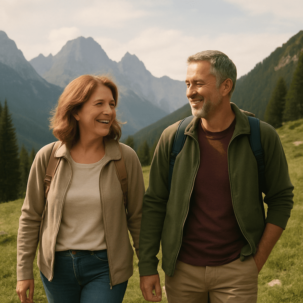 Glückliches Paar mittleren Alters wandert entspannt durch eine Berglandschaft