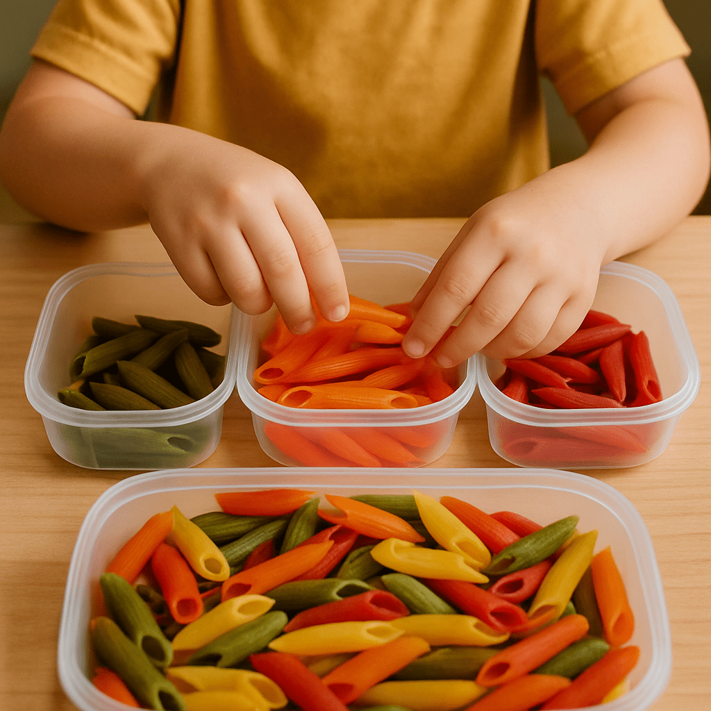 A close-up photo of a child's hands sorting colorful pasta into different containers to show focus and fine motor work.