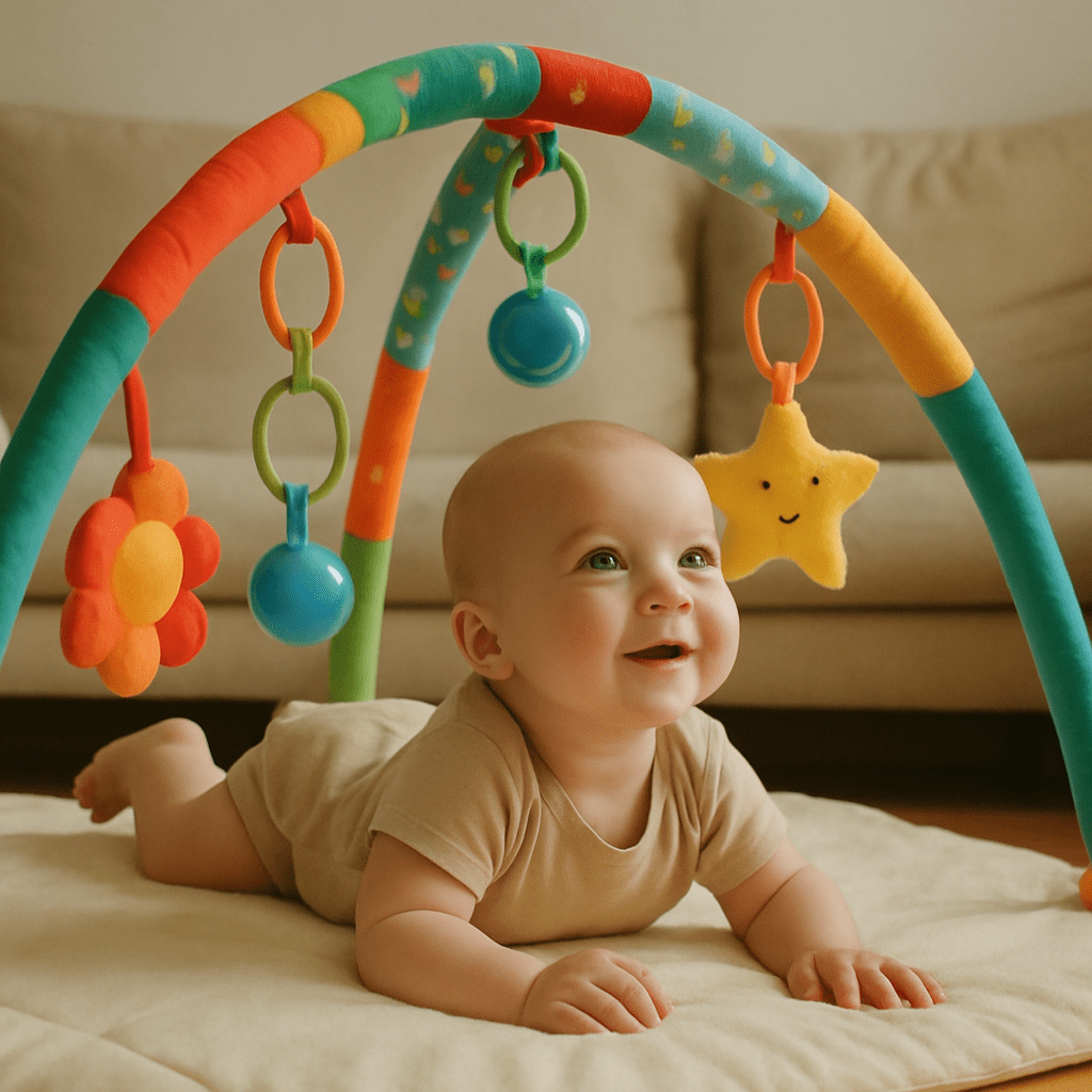 Baby spielt unter einem bunten Spielbogen
