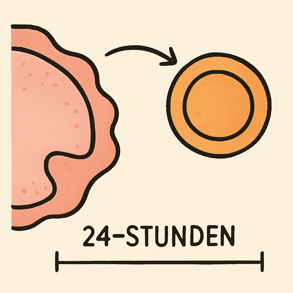 Einfache Illustration einer Eizelle, die den Follikel verlässt, mit einer 24-Stunden-Zeitleiste.