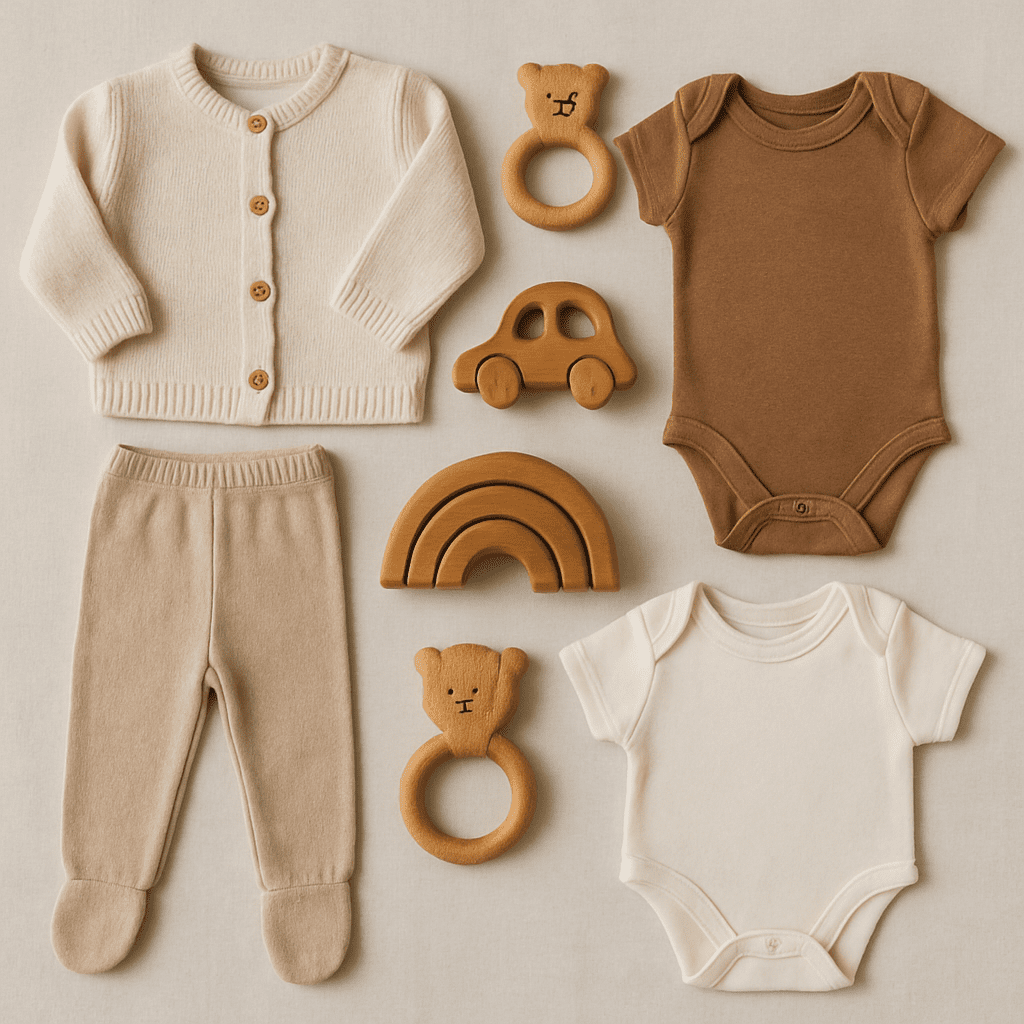 A clean, organized display of high-quality second-hand baby clothes and wooden toys.