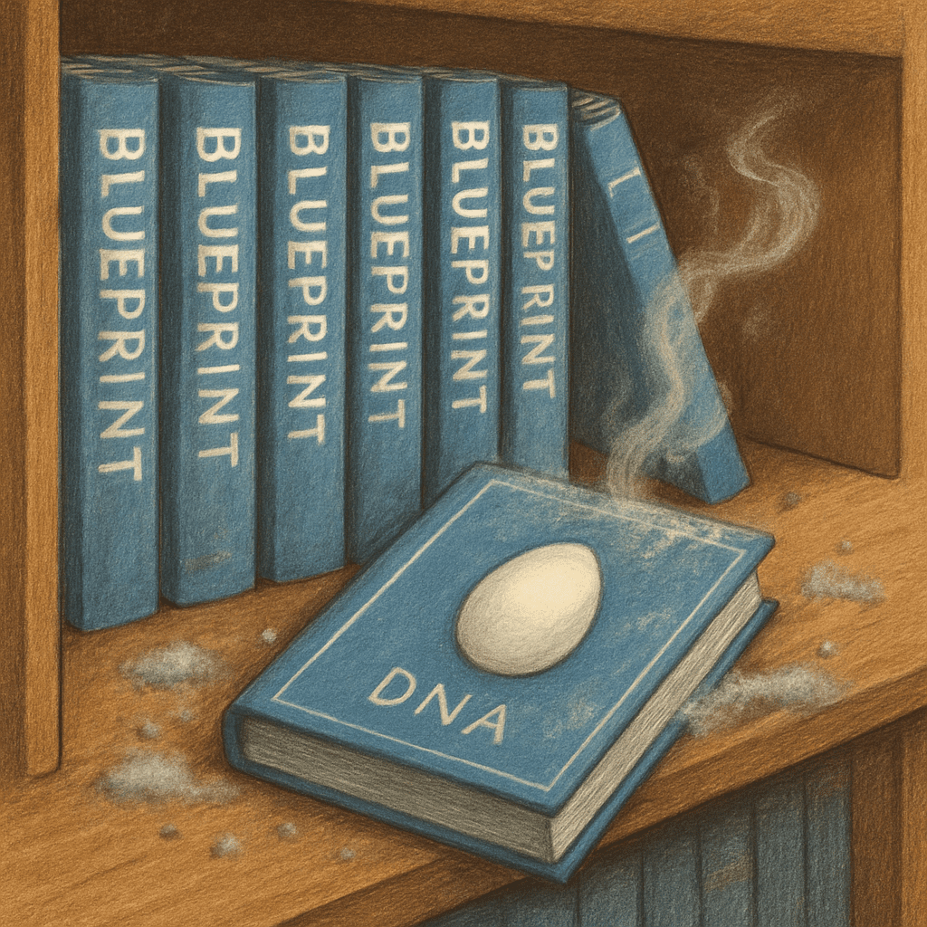 A metaphoric illustration of a library where some books (blueprints) are slightly dusty, representing the aging process of egg DNA.