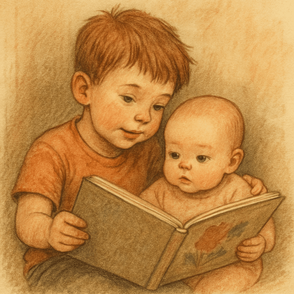 Ein fünfjähriger Bruder, der seiner kleinen Baby-Schwester liebevoll ein Bilderbuch vorliest