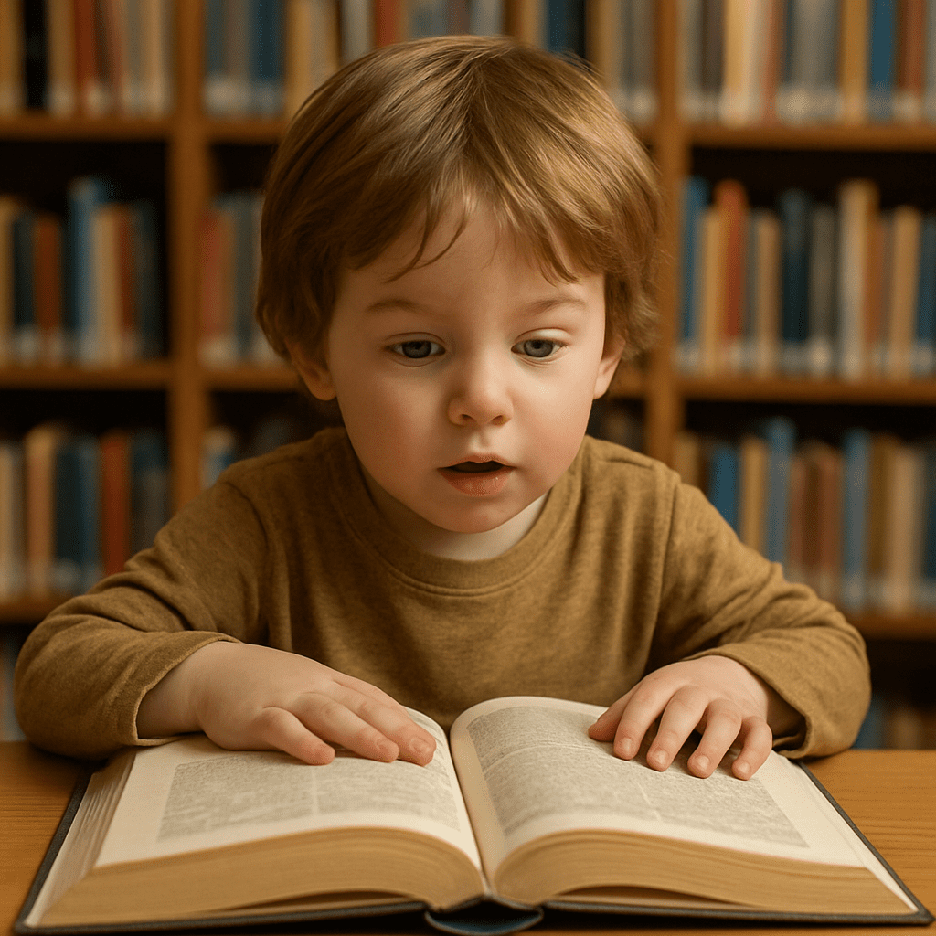 Ein junges Kind sitzt in der Bibliothek und liest fasziniert in einem dicken Sachbuch