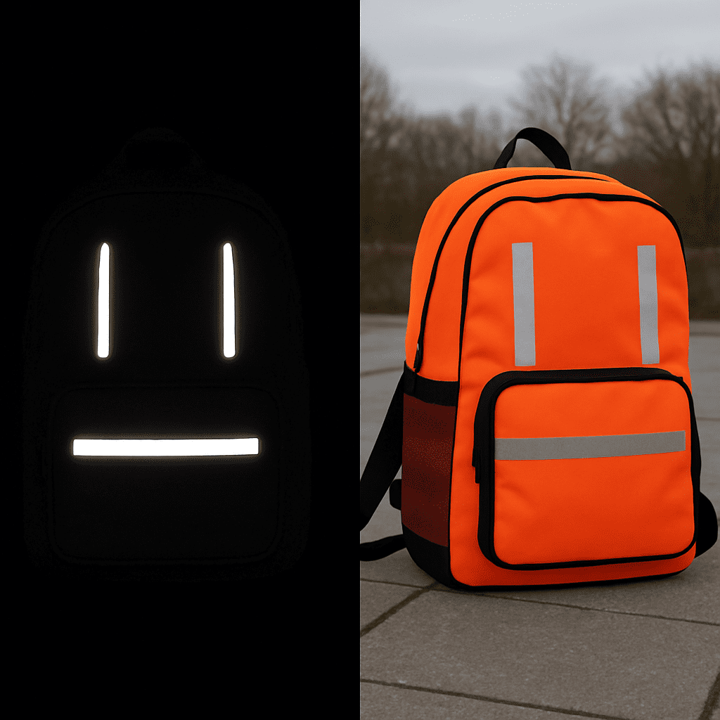 Comparison shot showing a bag with only reflectors in the dark versus a bag with both reflectors and fluorescent orange panels in overcast daylight.