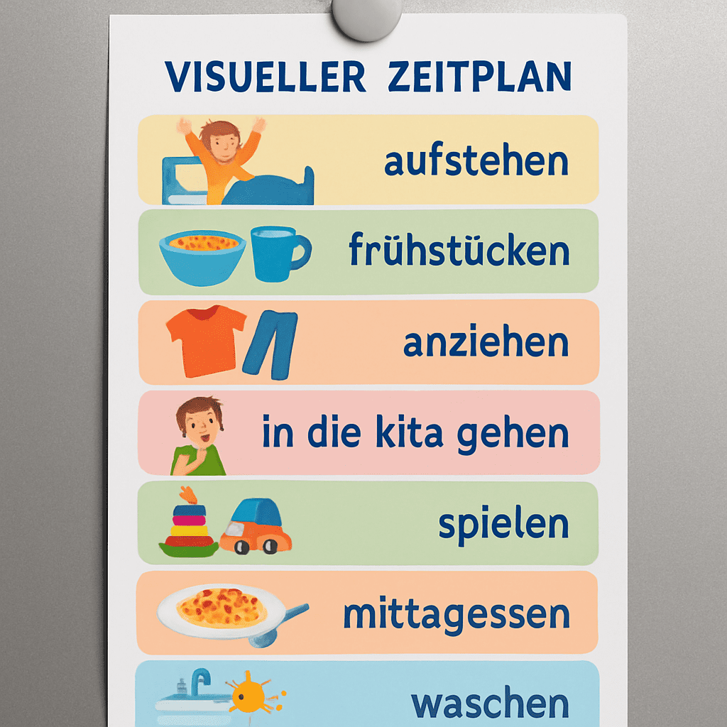 Ein visueller Zeitplan für Kinder mit bunten Bildern hängt an einer Kühlschranktür